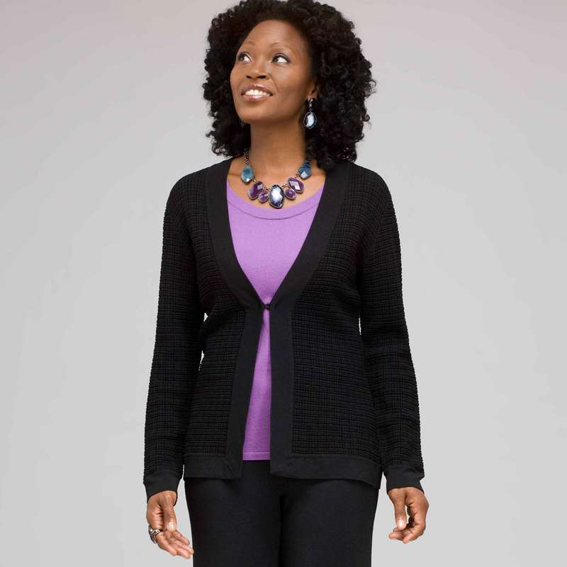 Long Sleeve Texture Stitch Cardigan, Black, large