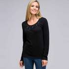 Long Sleeve Appliqued Crew Neck, Black, small