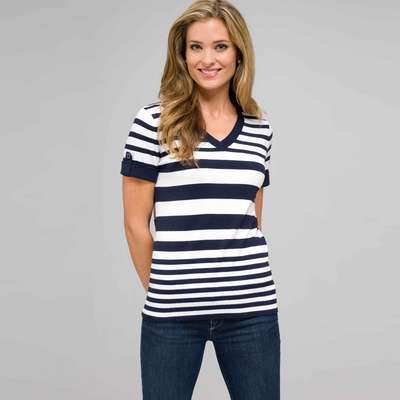 Striped Sleeve V-Neck Roll Cuff Tee, swiss navy & white, medium