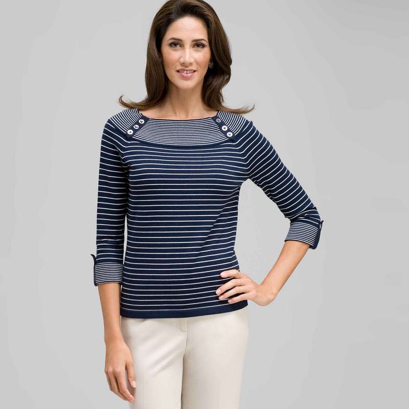 3/4 Sleeve Boat Neck Striped Knit, Navy Multi, large