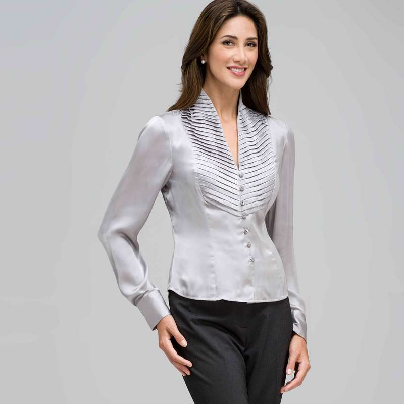 Pleated Bib Long Sleeve Shirt, Silver Grey, large