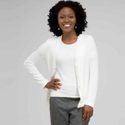 Rib Trim V-Neck Cardigan, Ivory, medium