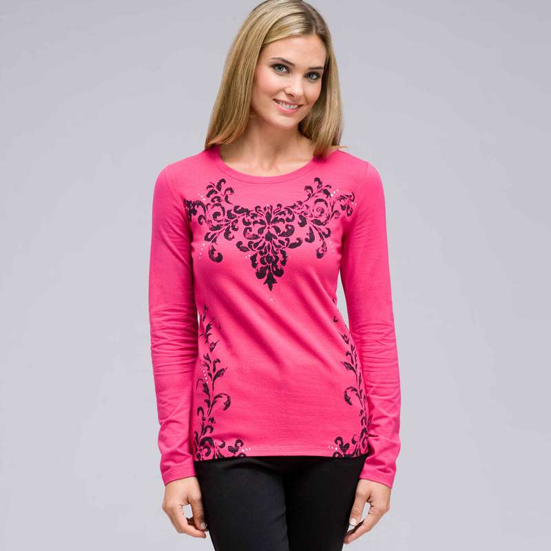 Long Sleeve Crew Neck Top, Begonia Multi, large