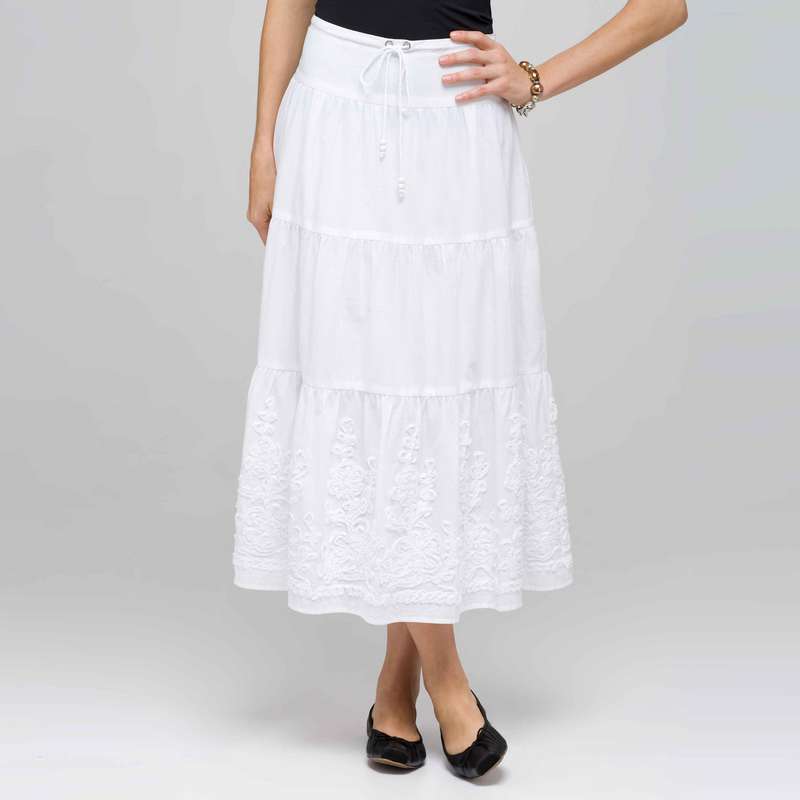 Long Tiered Skirt, White, large