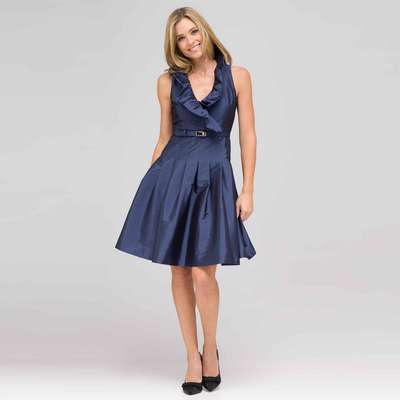 Ruffle Front A-Line Dress, Navy, medium