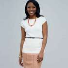 Belted Short Sleeve Knit Top., Ivory, small