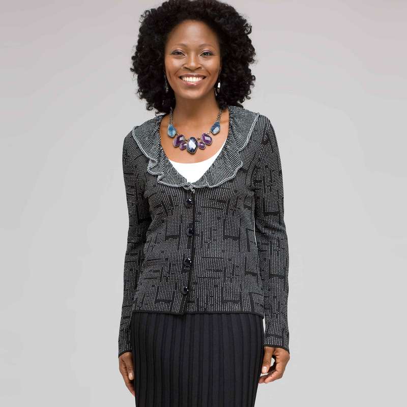 Ruffle Front Cardigan, Black & White, large