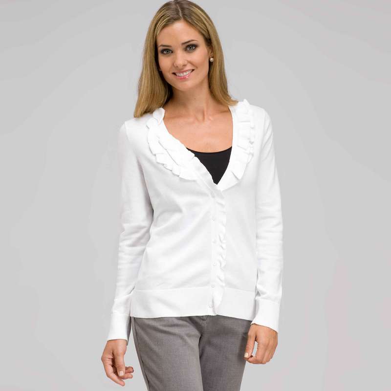 Ruffle Front V-Neck Cardigan, White, large