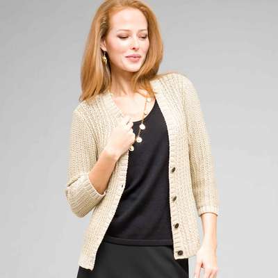 3/4 Sleeve V-Neck Cardigan, Ivory/Gold, medium