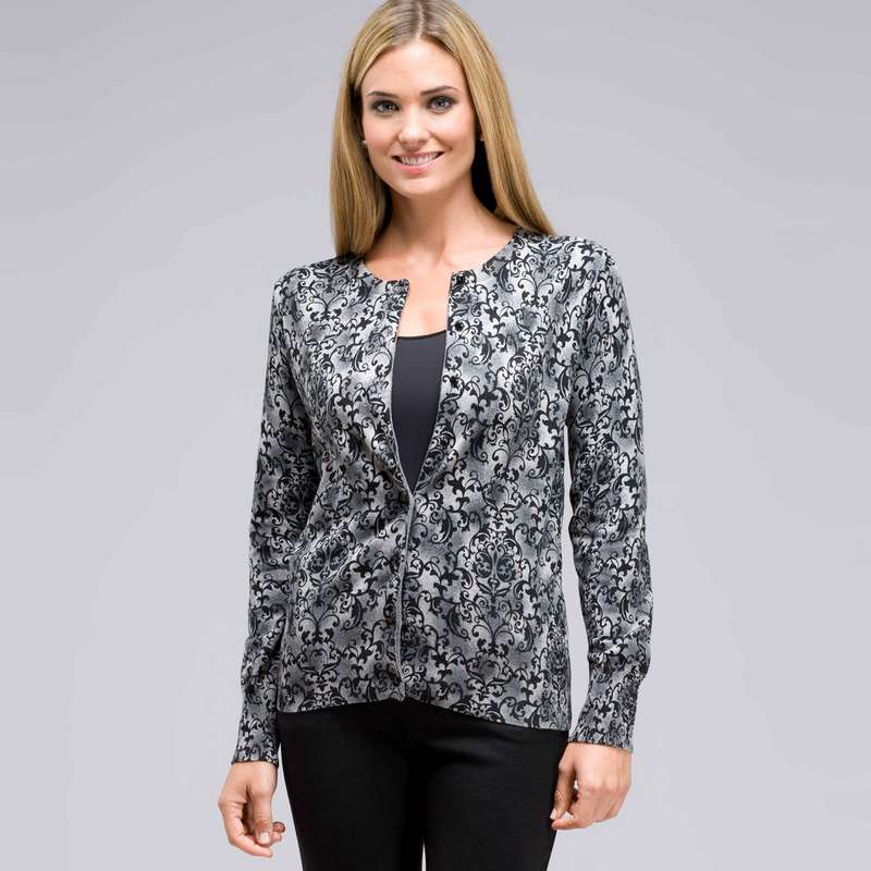 Button Front Crew Neck Cardigan, Grey Heather Multi, large