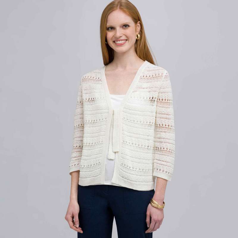 Tie Front Cardigan, Linen White, large