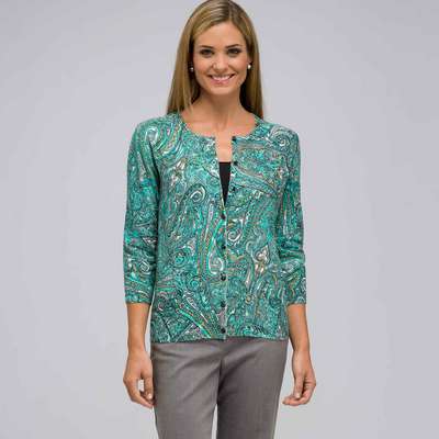 3/4 Sleeve Crew Neck Cardigan, Multi, medium