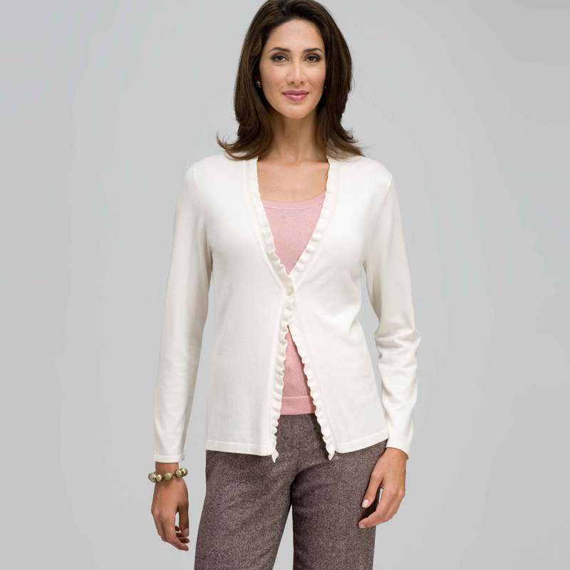 Long Sleeve Ruffle Front Trim Cardigan, Winter White, large