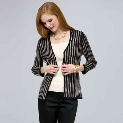 3/4 Sleeve Zip Cardigan., Black Multi, medium