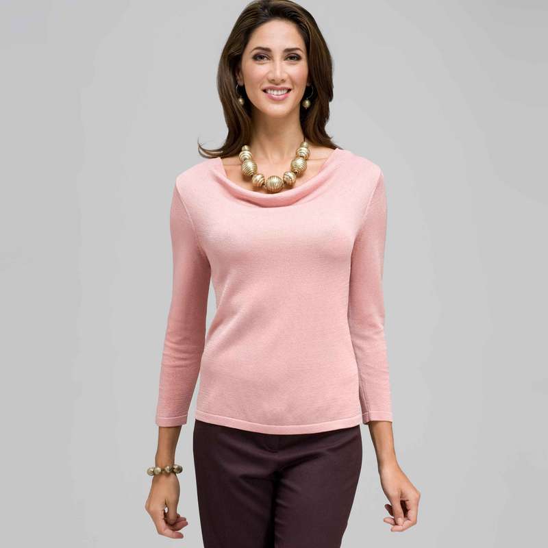 3/4 Sleeve Solid Drape Neck Sweater, Carnation, large