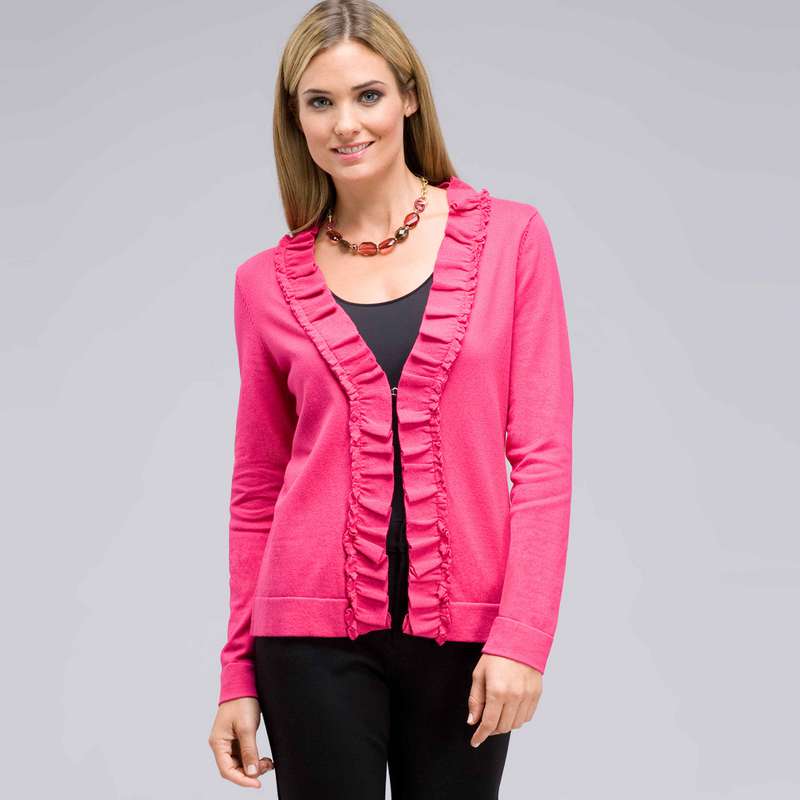 Long Sleeve Ruffle Front Cardigan, Begonia Pink, large