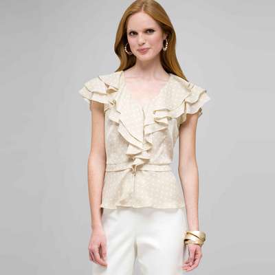 Polka Dot Ruffle Front Button Down Shirt, Dark Stone & White, medium