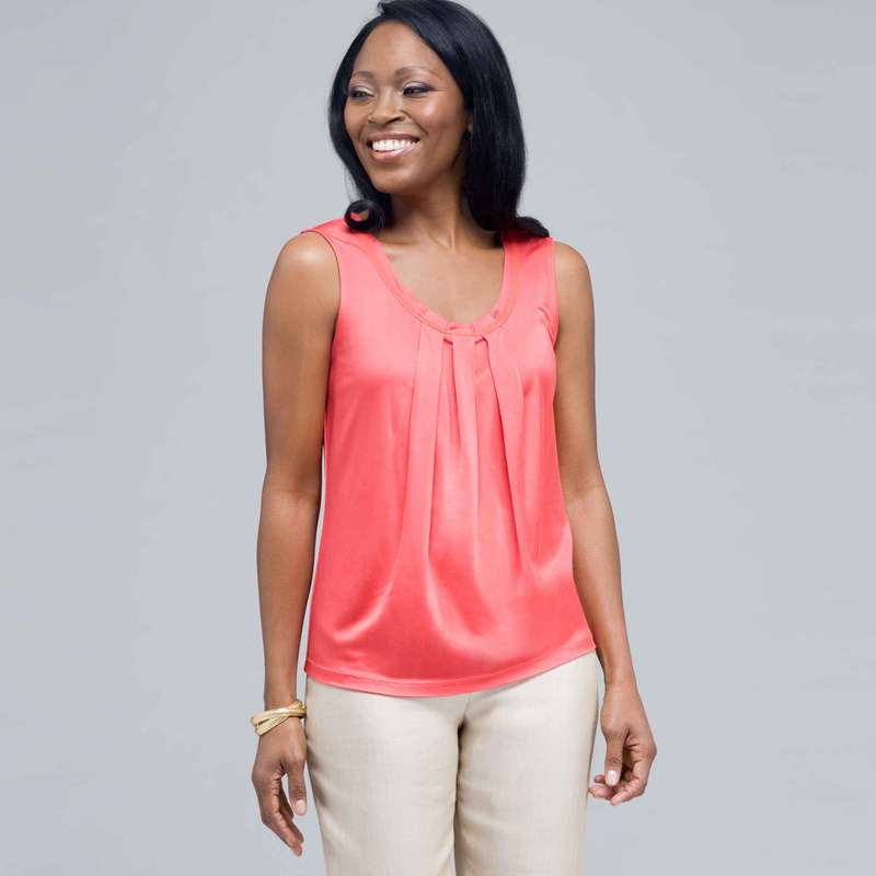 Sleeveless Pleated Top., New Coral, large