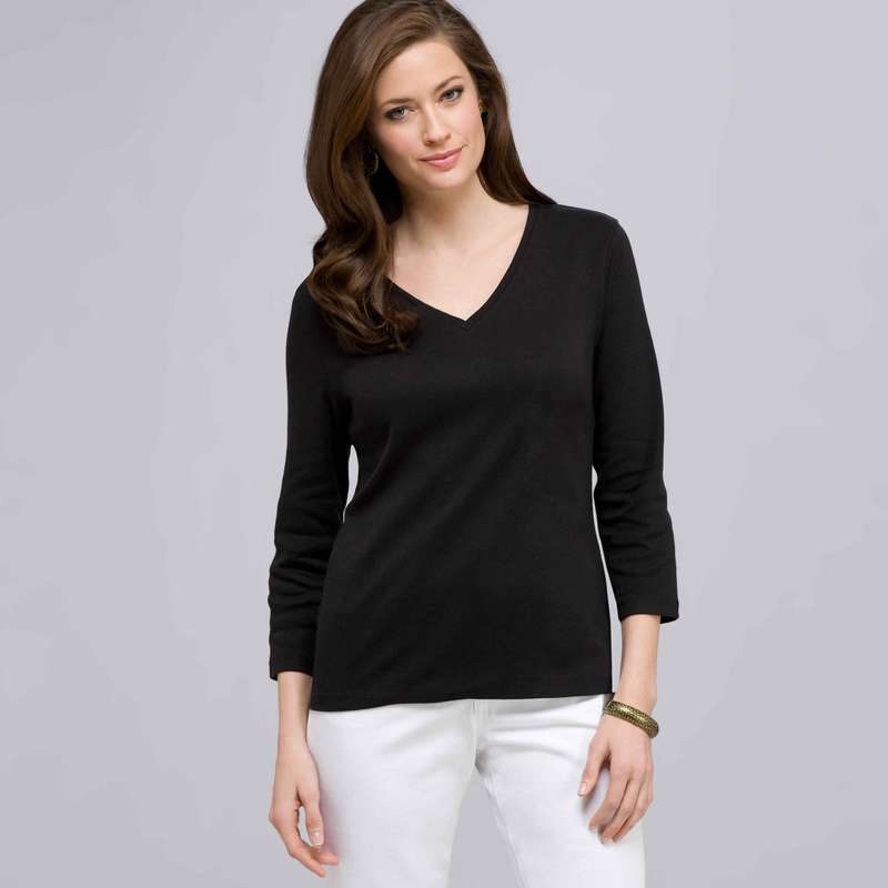3/4 Sleeve V-Neck Top, Black, large