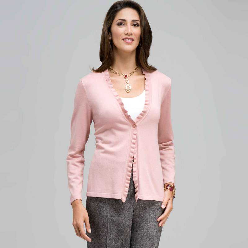 Long Sleeve Ruffle Front Trim Cardigan, Carnation, large