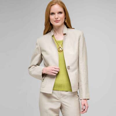 Washable Linen 2 Pocket Jacket, Stone and White, medium