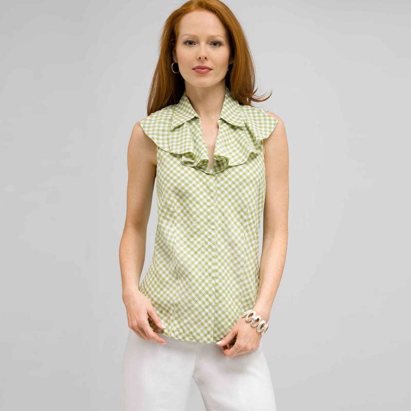Ruffle Front Sleeveless Blouse., Sugar Pea and White, large