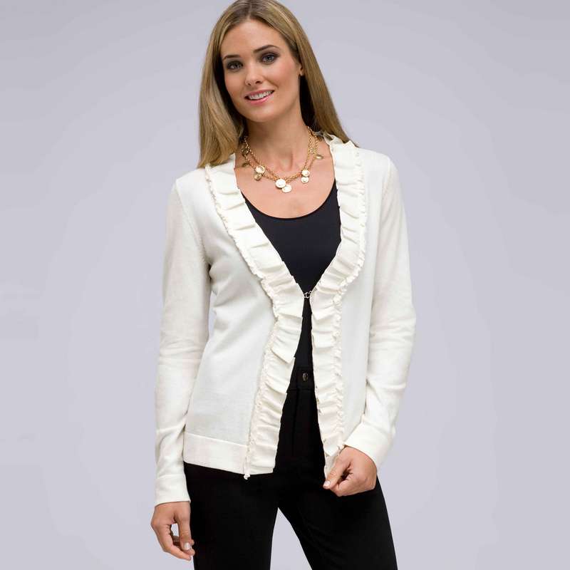 Long Sleeve Ruffle Front Cardigan, Sugar, large