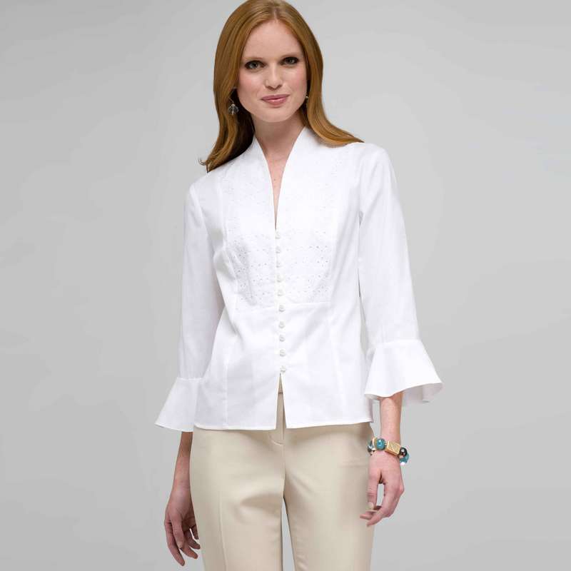 3/4 Sleeve Button Down Shirt, White, large