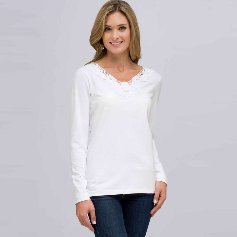 Long Sleeve V-Neck Top, White, large