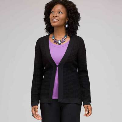 Long Sleeve Texture Stitch Cardigan, Black, medium