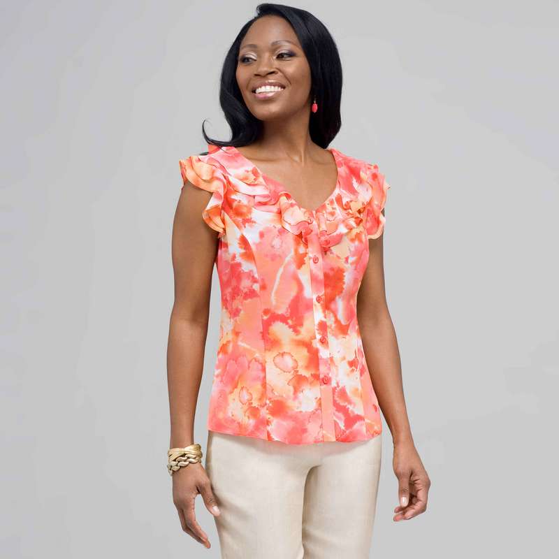 Ruffle Neckline Button Down Blouse, New Coral Multi, large