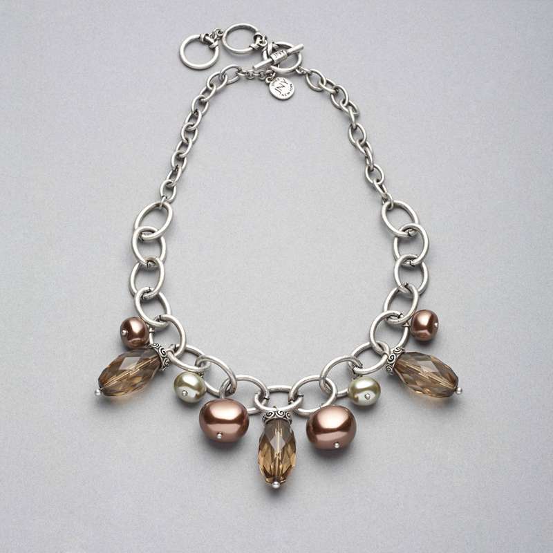 Green and Brown Beaded Frontal Collar Necklace, Silver Ox, large