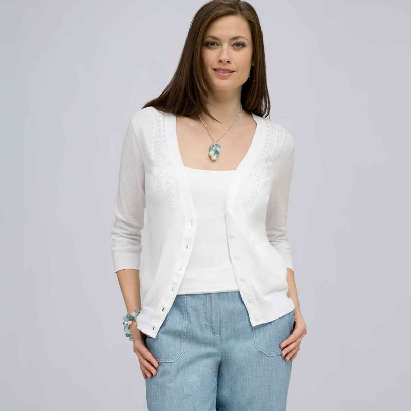 Beaded 3/4 Sleeve Cardigan., White, large
