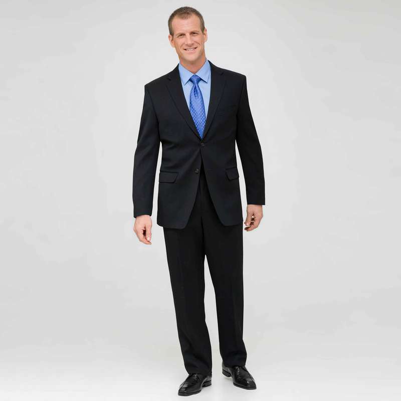 Black Flat Front Wool Suit, Black, large