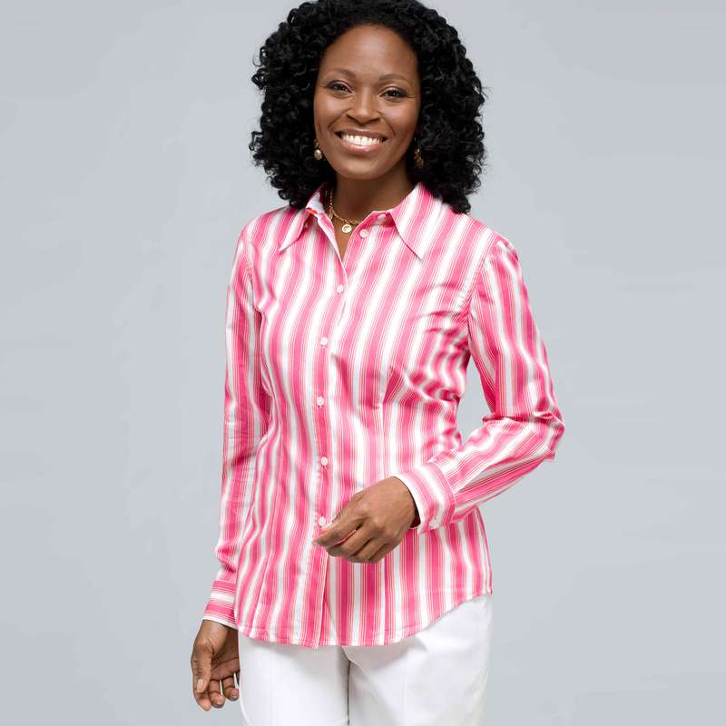 Striped Button Down Shirt, Hot Pink Combo, large