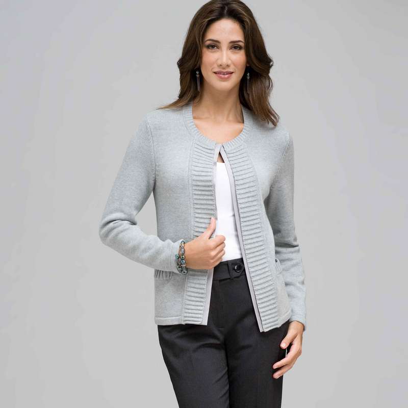 Rib Trim Cardigan, Grey Heather, large