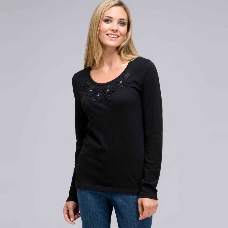 Long Sleeve Appliqued Crew Neck, Black, large
