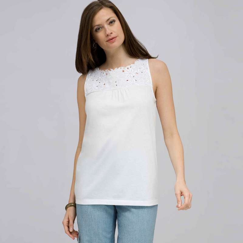 Embroidered Boat Neck Top., White, large