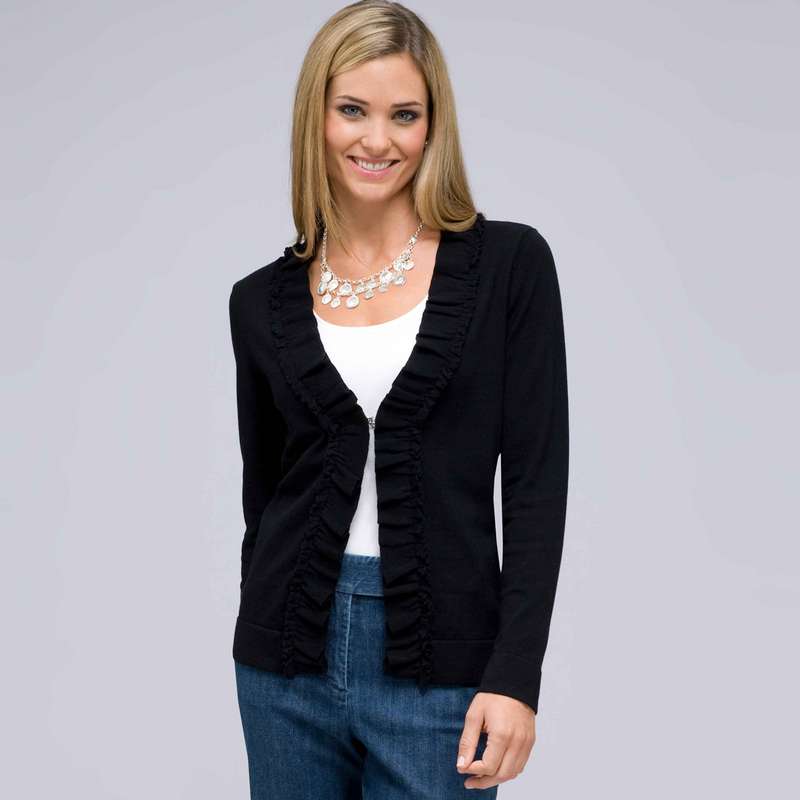 Long Sleeve Ruffle Front Cardigan, Black, large