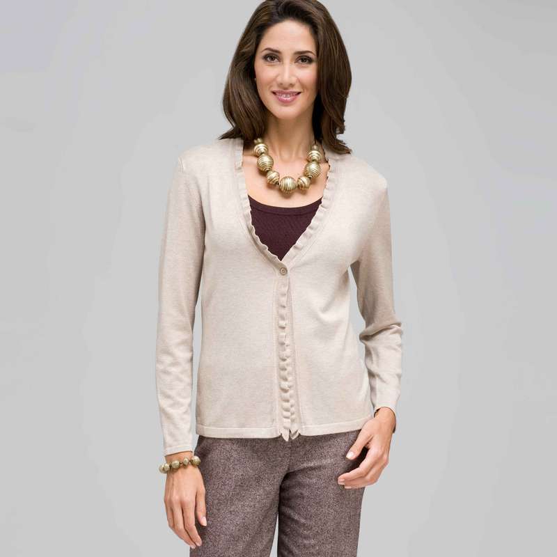 Long Sleeve Ruffle Front Trim Cardigan, Fawn Heather, large