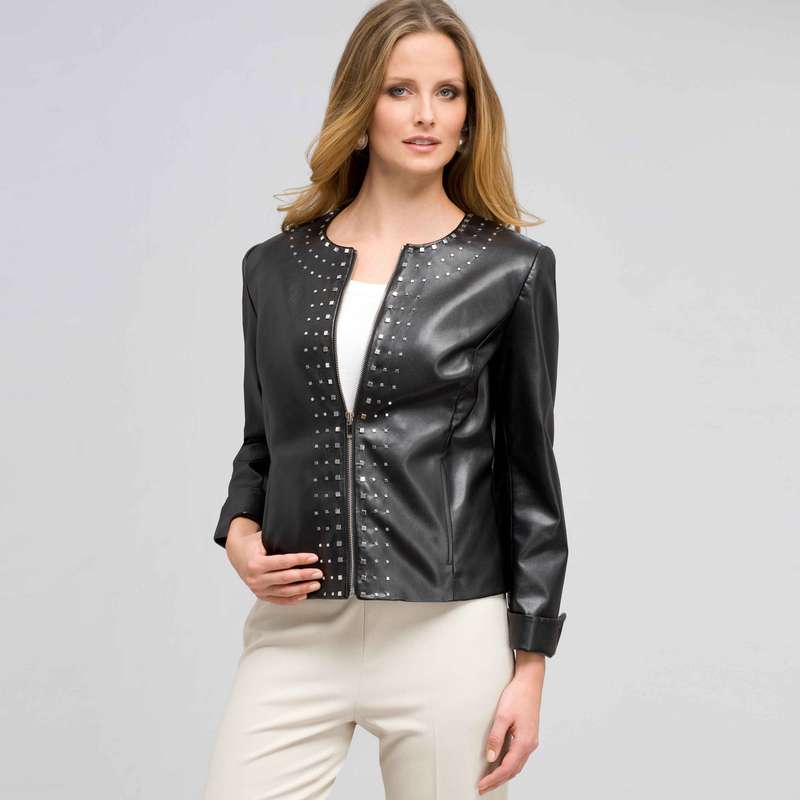 Leather Top Front Studded Jacket, Black, large