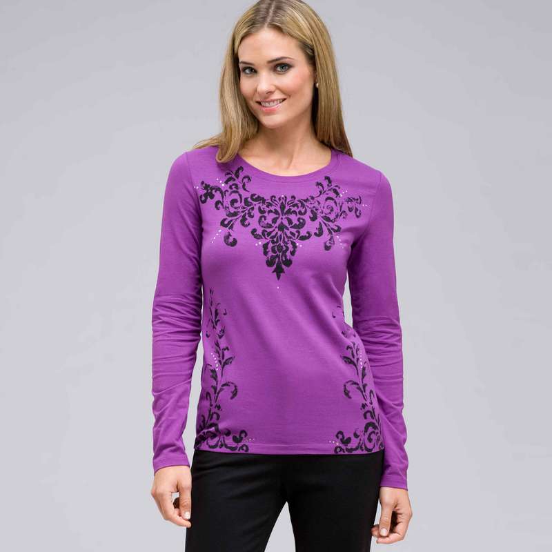 Long Sleeve Crew Neck Top, Meadow Violet Multi, large